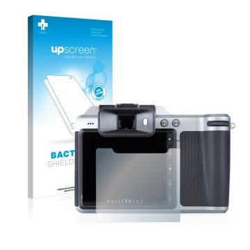 Parte frontal de un envase de producto con el logotipo de la marca upscreen. Al lado se muestra el dispositivo Hasselblad X1D-