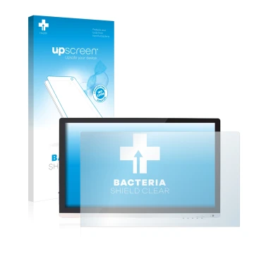 Parte frontal de un envase de producto con el logotipo de la marca upscreen. Al lado se muestra el dispositivo Huion GT220 con