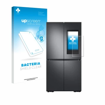 Parte frontal de un envase de producto con el logotipo de la marca upscreen. Al lado se muestra el dispositivo Samsung Family 