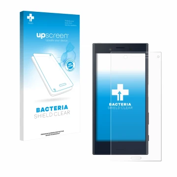 Parte frontal de un envase de producto con el logotipo de la marca upscreen. Al lado se muestra el dispositivo Sony Xperia X C