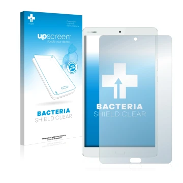 Parte frontal de un envase de producto con el logotipo de la marca upscreen. Al lado se muestra el dispositivo Huawei MediaPad