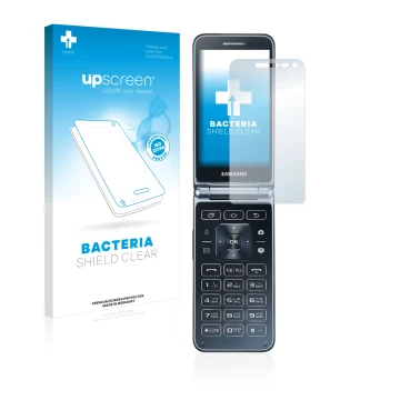 Parte frontal de un envase de producto con el logotipo de la marca upscreen. Al lado se muestra el dispositivo Samsung Galaxy 