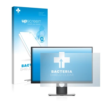 Parte frontal de un envase de producto con el logotipo de la marca upscreen. Al lado se muestra el dispositivo Dell P2417H con