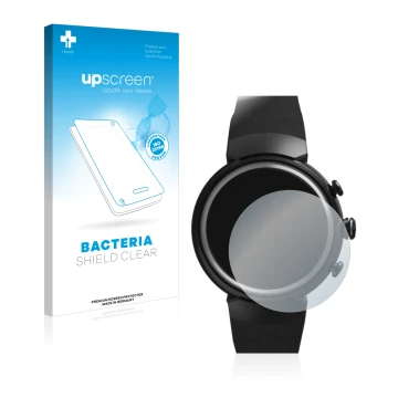 Parte frontal de un envase de producto con el logotipo de la marca upscreen. Al lado se muestra el dispositivo ASUS ZenWatch 3