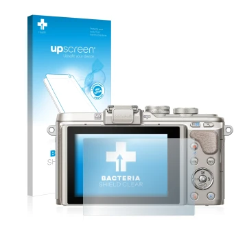 Parte frontal de un envase de producto con el logotipo de la marca upscreen. Al lado se muestra el dispositivo Olympus PEN E-P