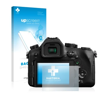 Parte frontal de un envase de producto con el logotipo de la marca upscreen. Al lado se muestra el dispositivo Panasonic Lumix