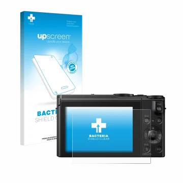 Parte frontal de un envase de producto con el logotipo de la marca upscreen. Al lado se muestra el dispositivo Panasonic Lumix