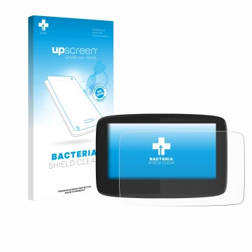 Parte frontal de un envase de producto con el logotipo de la marca upscreen. Al lado se muestra el dispositivo TomTom GO 620 c