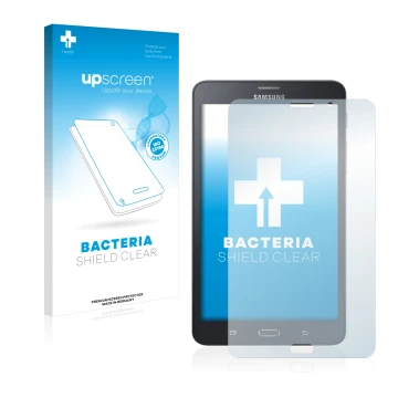 Parte frontal de un envase de producto con el logotipo de la marca upscreen. Al lado se muestra el dispositivo Samsung Galaxy 