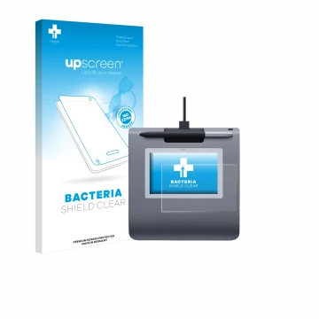Parte frontal de un envase de producto con el logotipo de la marca upscreen. Al lado se muestra el dispositivo Wacom STU-430 c
