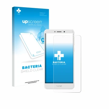 Parte frontal de un envase de producto con el logotipo de la marca upscreen. Al lado se muestra el dispositivo Honor 6X con su