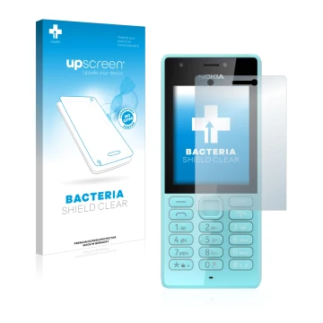 Parte frontal de un envase de producto con el logotipo de la marca upscreen. Al lado se muestra el dispositivo Nokia 216 con s