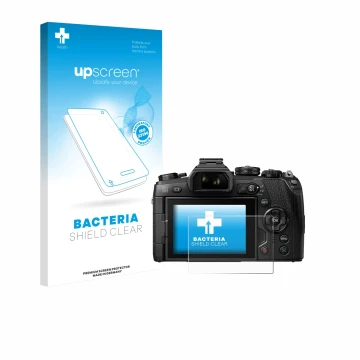Parte frontal de un envase de producto con el logotipo de la marca upscreen. Al lado se muestra el dispositivo Olympus OM-D E-