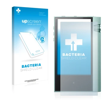 Parte frontal de un envase de producto con el logotipo de la marca upscreen. Al lado se muestra el dispositivo Astell&Kern AK7