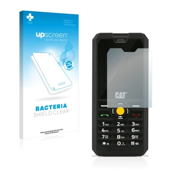 Parte frontal de un envase de producto con el logotipo de la marca upscreen. Al lado se muestra el dispositivo Caterpillar Cat