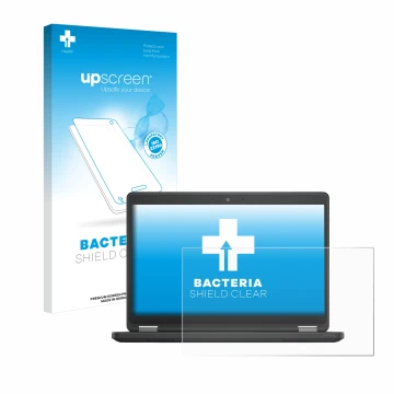 Parte frontal de un envase de producto con el logotipo de la marca upscreen. Al lado se muestra el dispositivo Dell Latitude 1
