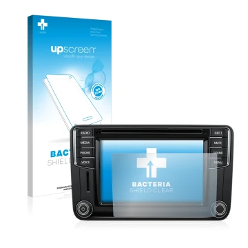 Parte frontal de un envase de producto con el logotipo de la marca upscreen. Al lado se muestra el dispositivo Volkswagen T6 2