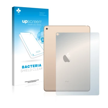 Parte frontal de un envase de producto con el logotipo de la marca upscreen. Al lado se muestra el dispositivo Apple iPad Air 