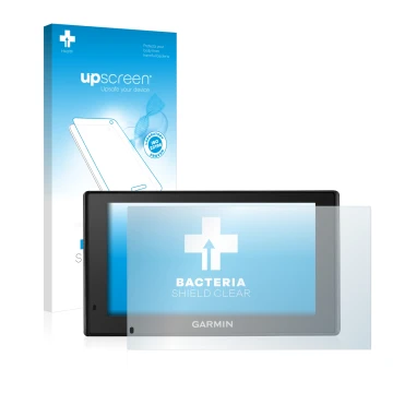 Parte frontal de un envase de producto con el logotipo de la marca upscreen. Al lado se muestra el dispositivo Garmin DriveTra