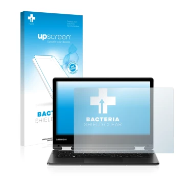 Parte frontal de un envase de producto con el logotipo de la marca upscreen. Al lado se muestra el dispositivo MEDION Akoya E2