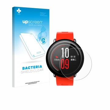 Parte frontal de un envase de producto con el logotipo de la marca upscreen. Al lado se muestra el dispositivo Huami Amazfit P