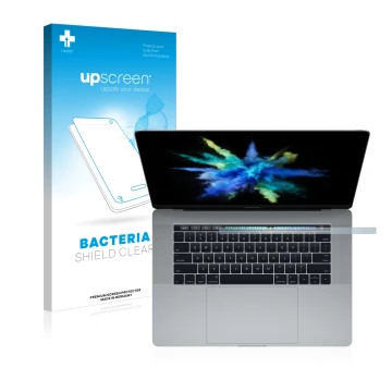 Parte frontal de un envase de producto con el logotipo de la marca upscreen. Al lado se muestra el dispositivo Apple MacBook P