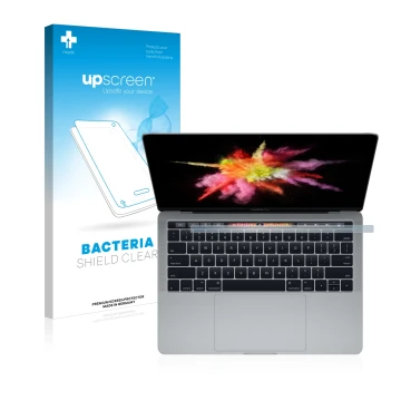 Parte frontal de un envase de producto con el logotipo de la marca upscreen. Al lado se muestra el dispositivo Apple MacBook P