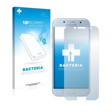 Parte frontal de un envase de producto con el logotipo de la marca upscreen. Al lado se muestra el dispositivo Samsung Galaxy 