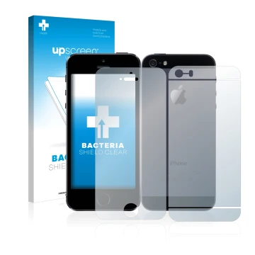 Parte frontal de un envase de producto con el logotipo de la marca upscreen. Al lado se muestra el dispositivo Apple iPhone 5S