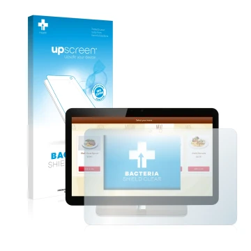 Parte frontal de un envase de producto con el logotipo de la marca upscreen. Al lado se muestra el dispositivo Aopen eTILE 19M