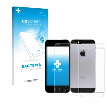 Parte frontal de un envase de producto con el logotipo de la marca upscreen. Al lado se muestra el dispositivo Apple iPhone SE