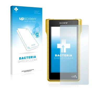 Parte frontal de un envase de producto con el logotipo de la marca upscreen. Al lado se muestra el dispositivo Sony Walkman NW