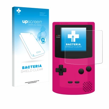 Parte frontal de un envase de producto con el logotipo de la marca upscreen. Al lado se muestra el dispositivo Nintendo Gamebo
