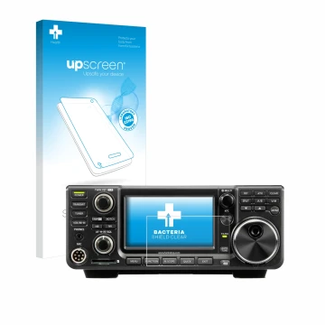 Parte frontal de un envase de producto con el logotipo de la marca upscreen. Al lado se muestra el dispositivo Icom IC-7300 co