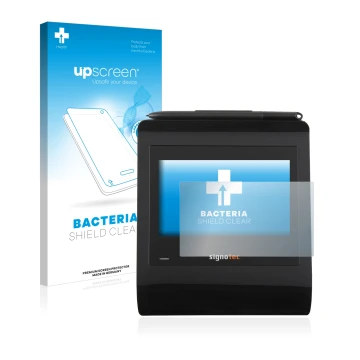Parte frontal de un envase de producto con el logotipo de la marca upscreen. Al lado se muestra el dispositivo Signotec Signat
