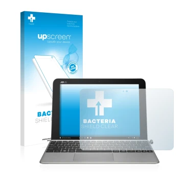 Parte frontal de un envase de producto con el logotipo de la marca upscreen. Al lado se muestra el dispositivo ASUS Transforme