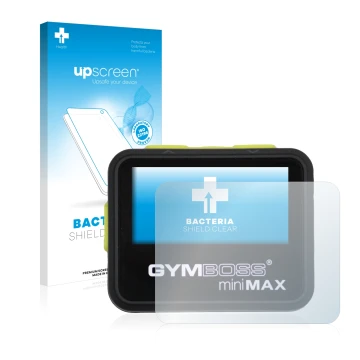 Parte frontal de un envase de producto con el logotipo de la marca upscreen. Al lado se muestra el dispositivo Gymboss Minimax