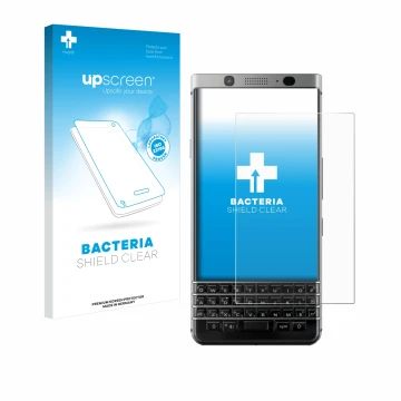 Parte frontal de un envase de producto con el logotipo de la marca upscreen. Al lado se muestra el dispositivo BlackBerry Keyo