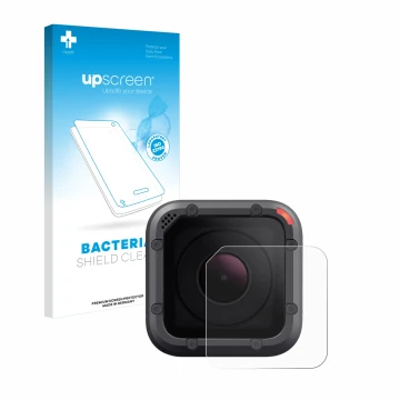 Parte frontal de un envase de producto con el logotipo de la marca upscreen. Al lado se muestra el dispositivo GoPro Hero 5 Se
