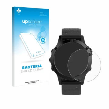 Parte frontal de un envase de producto con el logotipo de la marca upscreen. Al lado se muestra el dispositivo Garmin Fenix 5 
