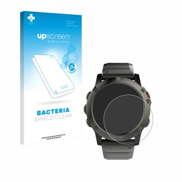 Parte frontal de un envase de producto con el logotipo de la marca upscreen. Al lado se muestra el dispositivo Garmin Fenix 5X