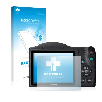 Parte frontal de un envase de producto con el logotipo de la marca upscreen. Al lado se muestra el dispositivo Canon PowerShot
