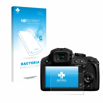 Parte frontal de un envase de producto con el logotipo de la marca upscreen. Al lado se muestra el dispositivo Panasonic Lumix