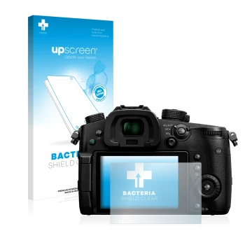 Parte frontal de un envase de producto con el logotipo de la marca upscreen. Al lado se muestra el dispositivo Panasonic Lumix