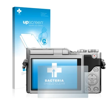 Parte frontal de un envase de producto con el logotipo de la marca upscreen. Al lado se muestra el dispositivo Panasonic Lumix