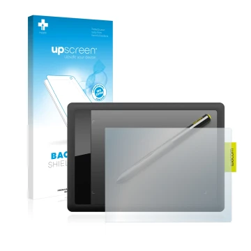 Parte frontal de un envase de producto con el logotipo de la marca upscreen. Al lado se muestra el dispositivo Wacom One s CTL