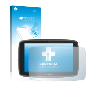 Parte frontal de un envase de producto con el logotipo de la marca upscreen. Al lado se muestra el dispositivo TomTom Go 6200 