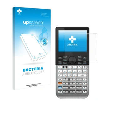 Parte frontal de un envase de producto con el logotipo de la marca upscreen. Al lado se muestra el dispositivo HP Prime con su