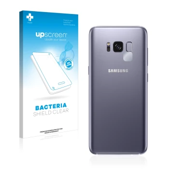 Parte frontal de un envase de producto con el logotipo de la marca upscreen. Al lado se muestra el dispositivo Samsung Galaxy 