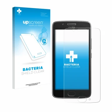 Parte frontal de un envase de producto con el logotipo de la marca upscreen. Al lado se muestra el dispositivo Motorola Moto G
